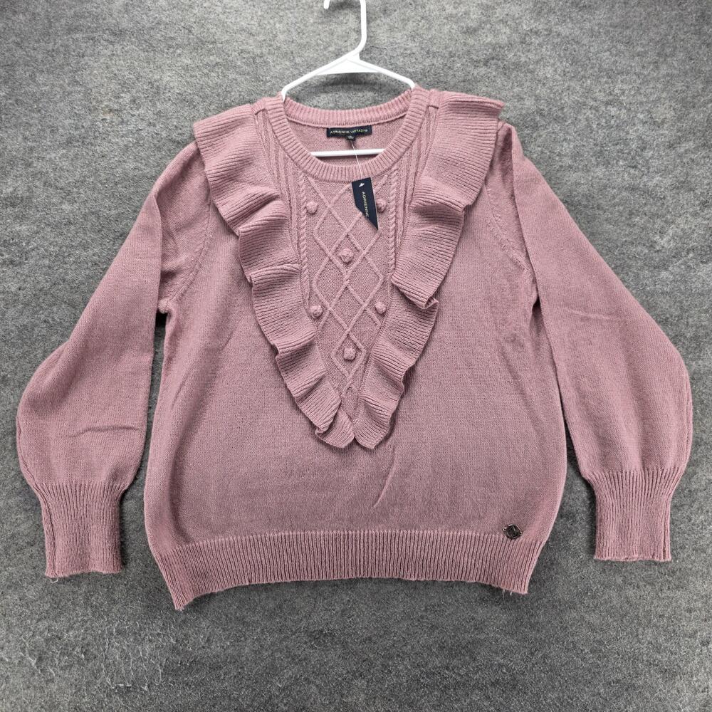 Adrienne Vittadini Sweater Pullover Womens XL Pink Ruffle Cable-Knit Crew Neck